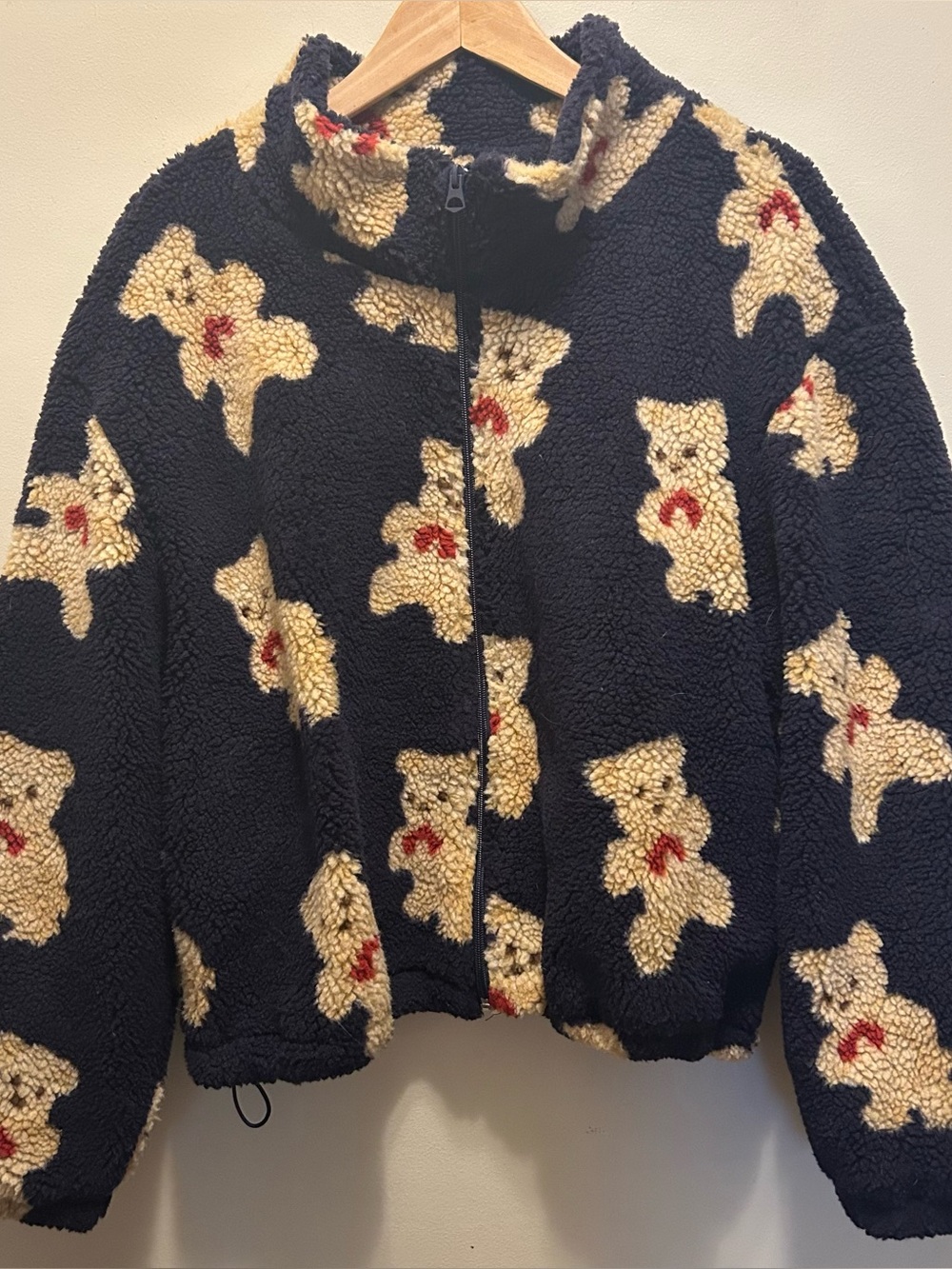 Stoosh Teddy Print Zip Sherpa Jacket - Navy / Tan - XL